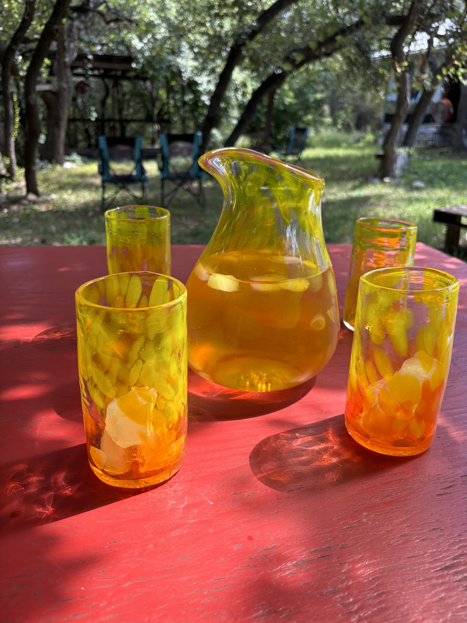 12 ounce saffron and yellow glasses with matching pitcher